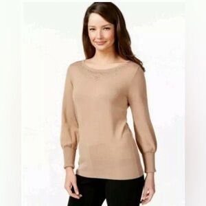 Alfani- Womens Beige‎ Rhinestones Sweater Top Size M